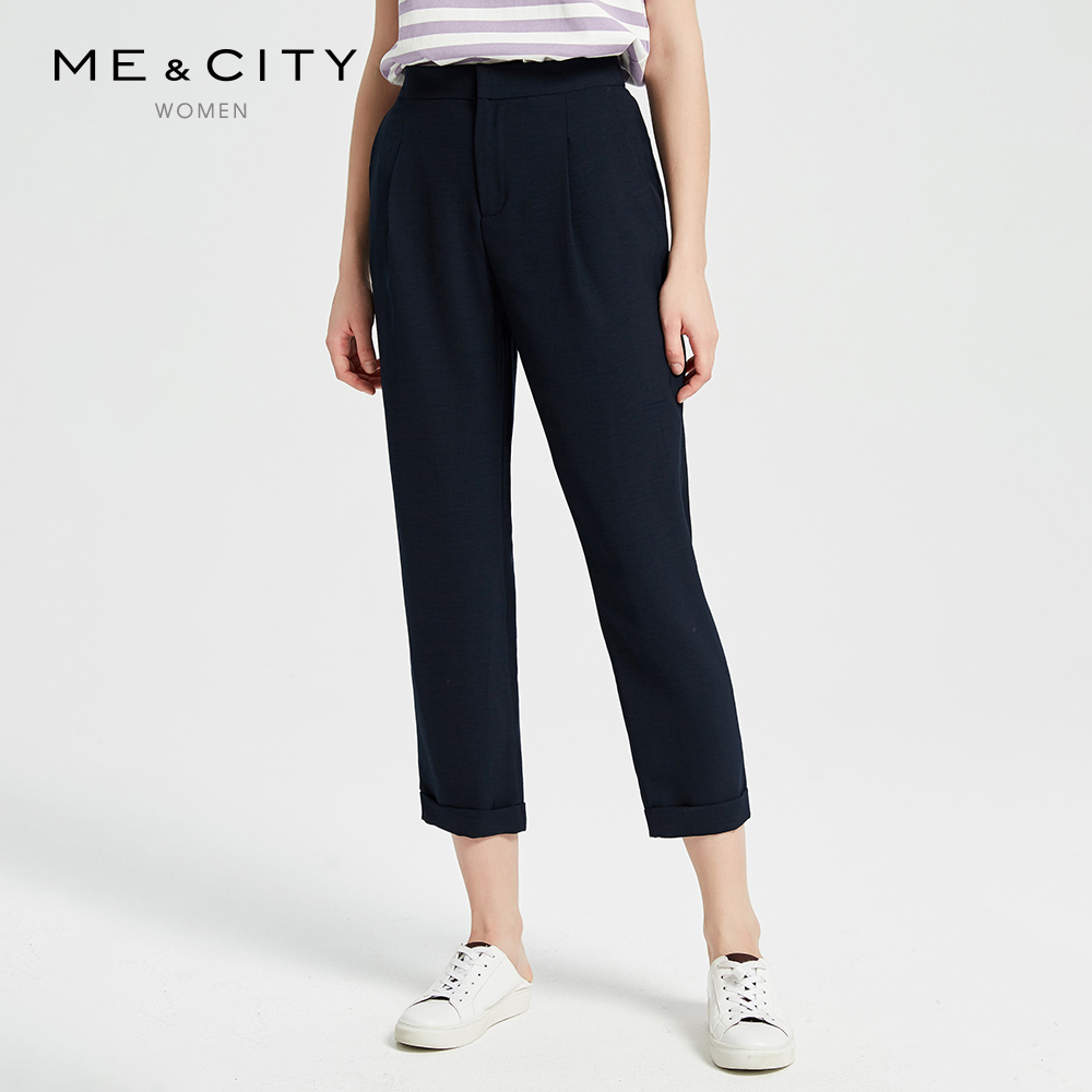 MECITY女装2019夏季新款时髦裤脚翻边直筒休闲长裤
