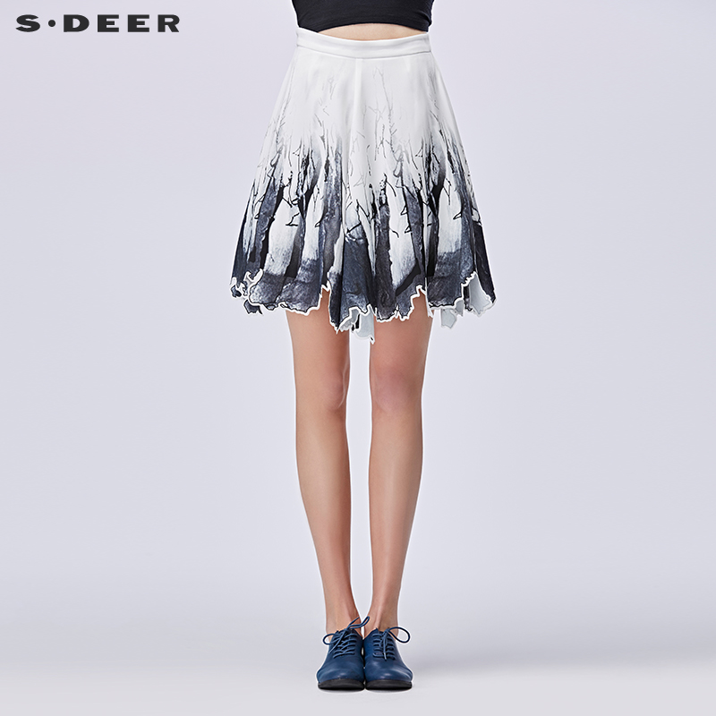 sdeer圣迪奥春装抽象形态水墨印花不规则花边短裙半身裙S17181311