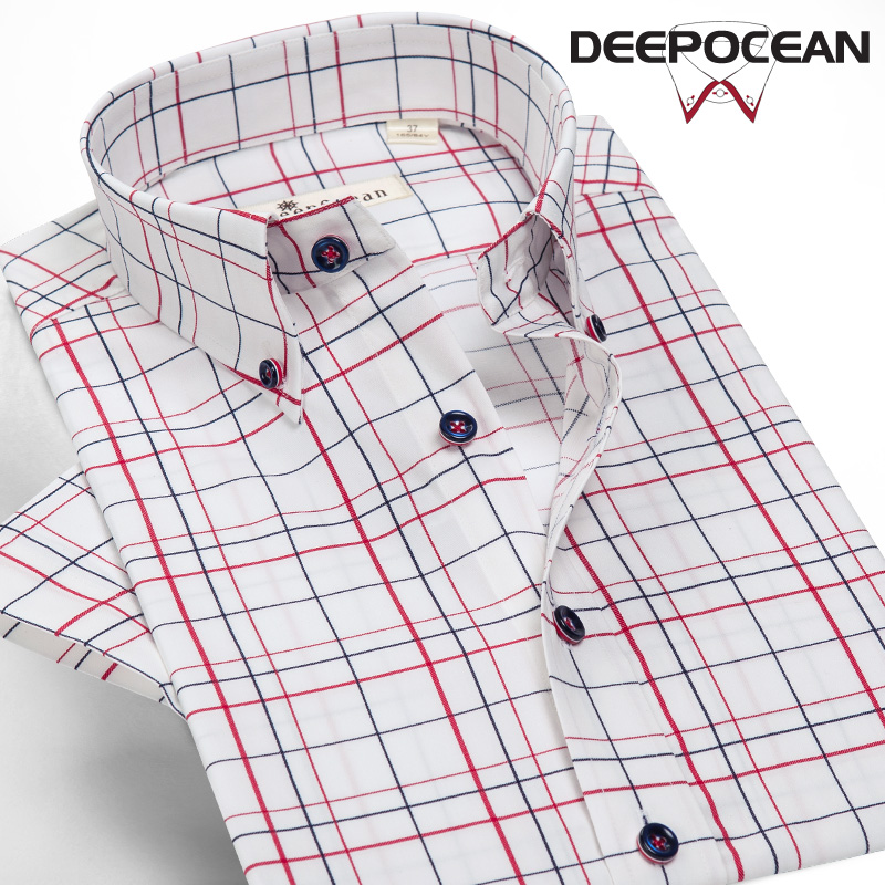 深海deepocean2019夏季格子衬衫男短袖纯棉免烫衬衣休闲宽松薄款