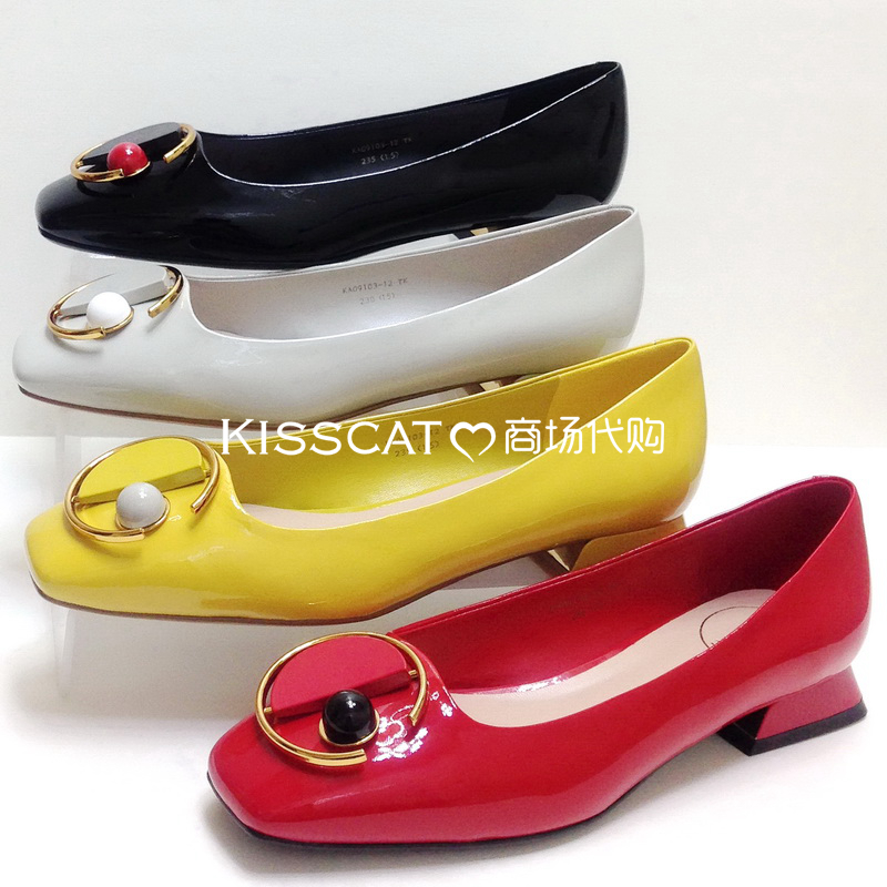 KISSCAT接吻猫2019春款新正品低跟亮漆牛皮方头女单鞋KA09103-12