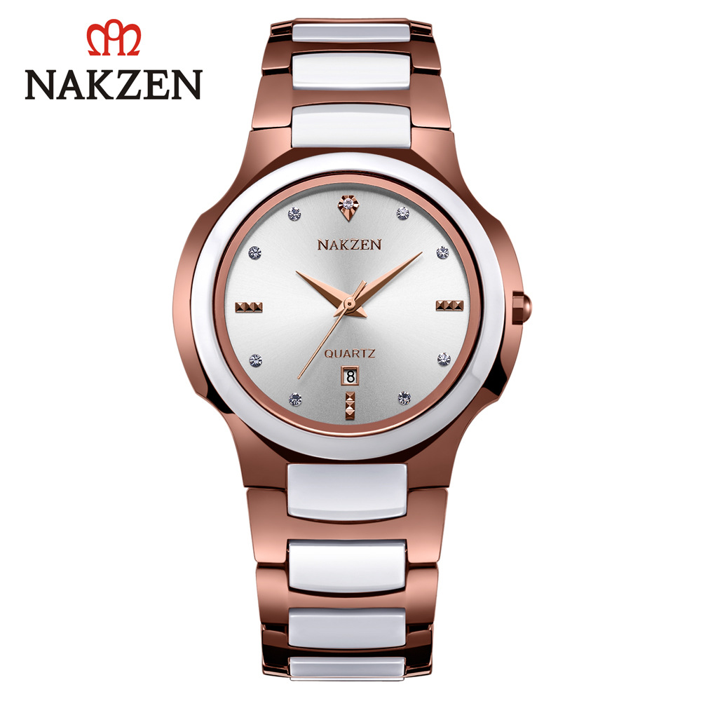 NAKZEN品牌轻奢镶钻手表男日历钨钢陶瓷表带韩版时尚个性腕表超薄