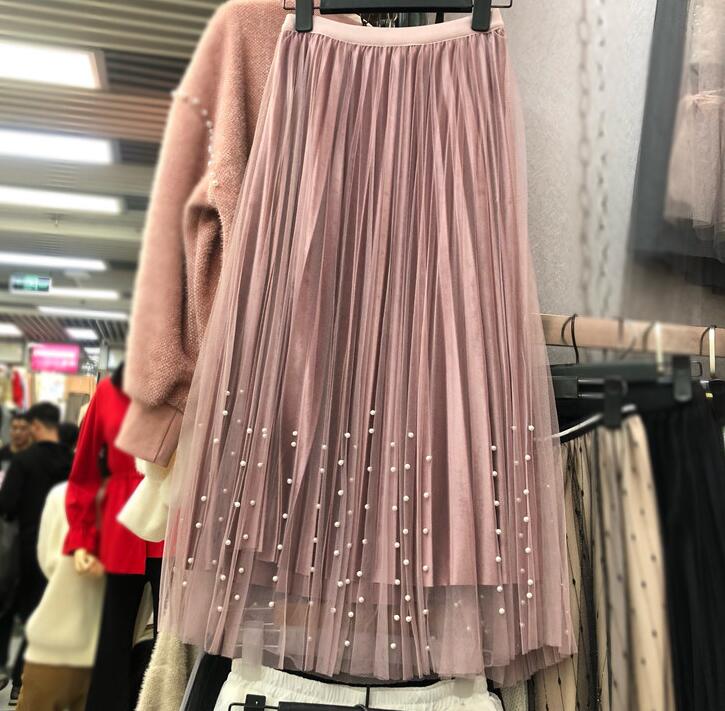 很仙的百褶网纱钉珠半身裙2019夏季新款中长款七月一号店