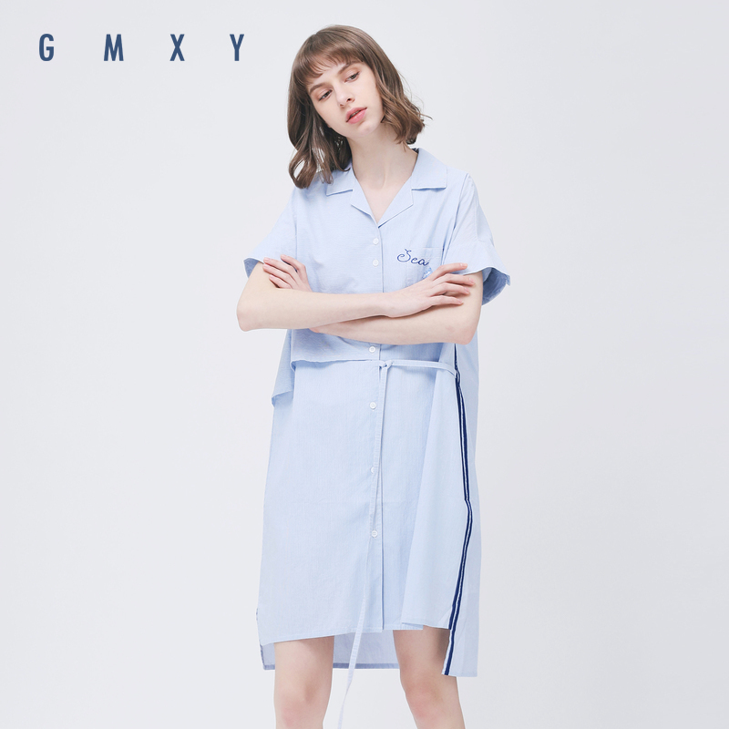 古木夕羊/GMXY2018夏女装新品韩版宽松条纹系带短袖衬衫式连衣裙
