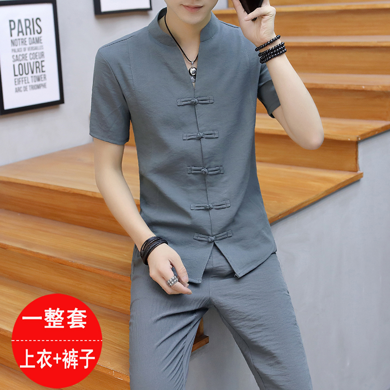 中国风夏季棉麻套装男士短袖t恤社会复古盘扣亚麻唐装衣服两件套