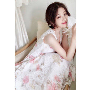 大喜自制2018夏季新款原创蕾丝印花显瘦中长款复古A字连衣裙女连衣裙