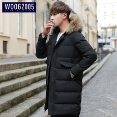 WOOG2005男士中长款毛领棉衣 2017冬季新款加厚修身连帽棉服外套