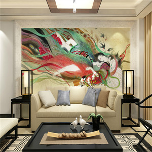 美女 span class=h></p></a>墙纸 /span>中式茶楼客厅个性背景墙壁画山海经