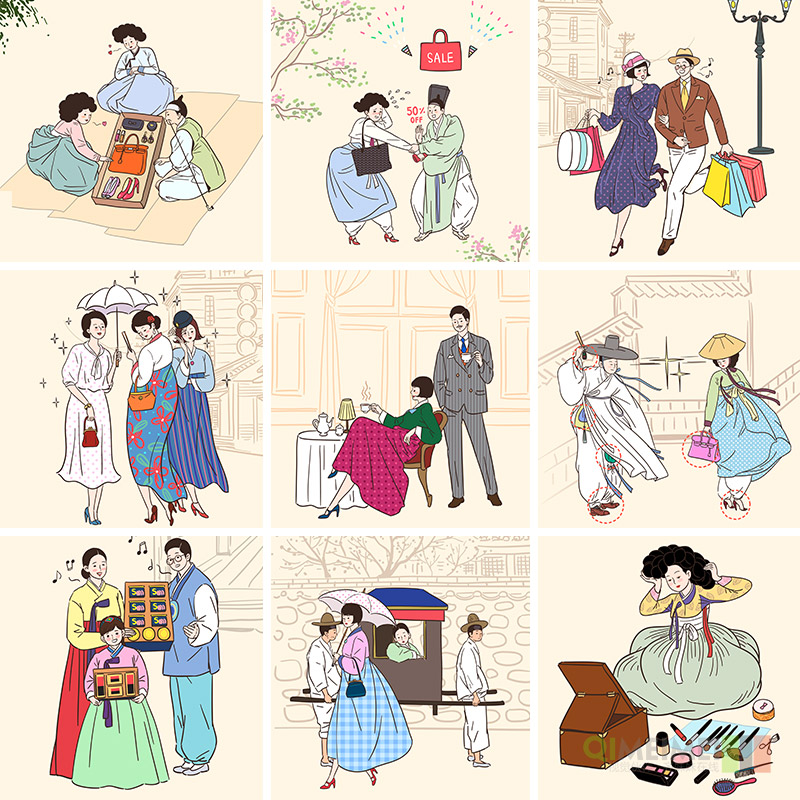 手绘卡通韩国复古服装购物打折促销插图海报ai矢量设计素材921102