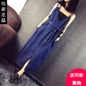 正品2017春夏新款欧美背带长裙V领露背宽松吊带长款牛仔连衣裙女连衣裙