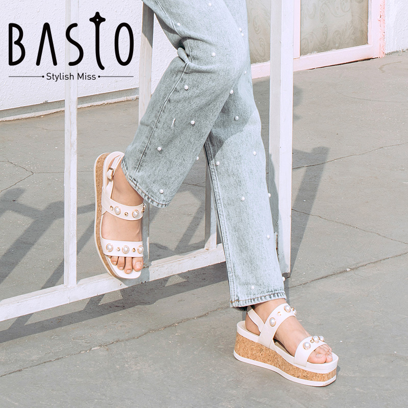 BASTO/百思图夏季专柜同款羊皮革珍珠松糕女凉鞋RMY06BL8