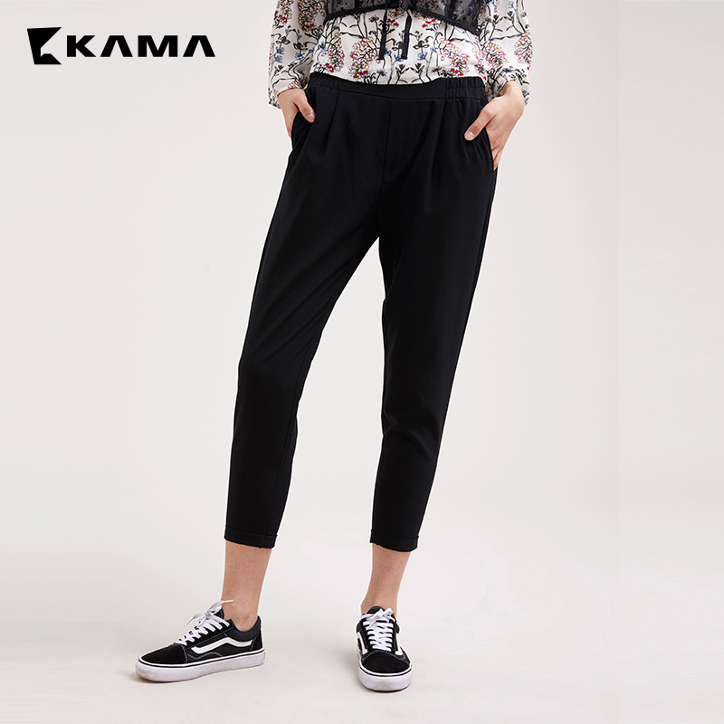 KAMA卡玛夏季新款高腰休闲薄款九分紧身黑色小脚长裤7218355
