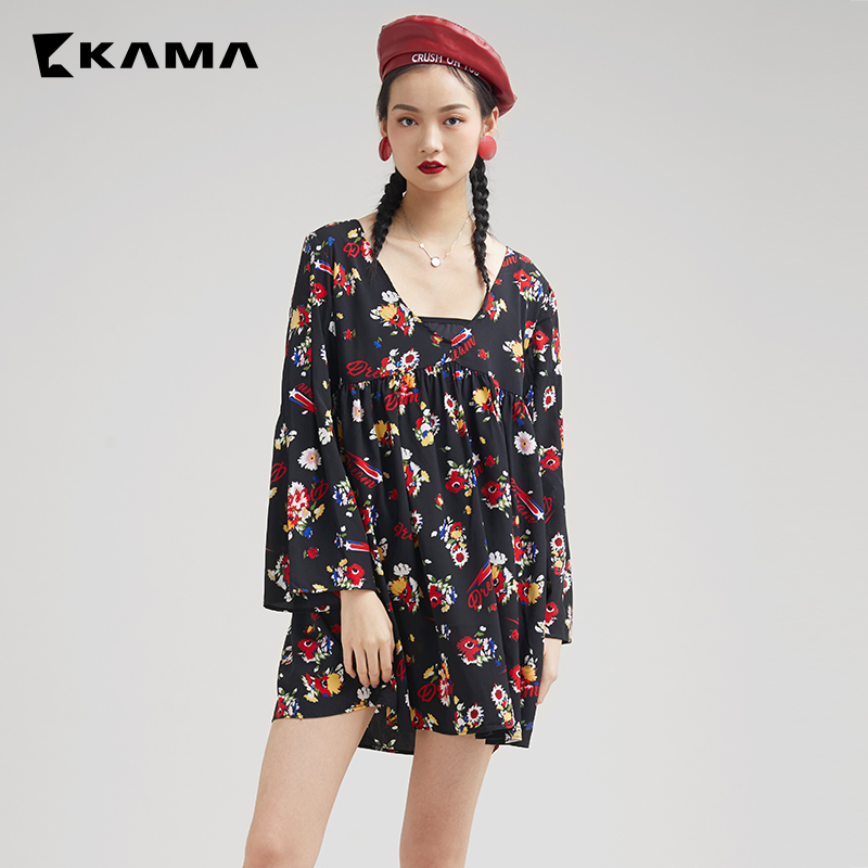 KAMA女装 卡玛夏装新款 碎花V领连衣裙两件套喇叭袖 7218151