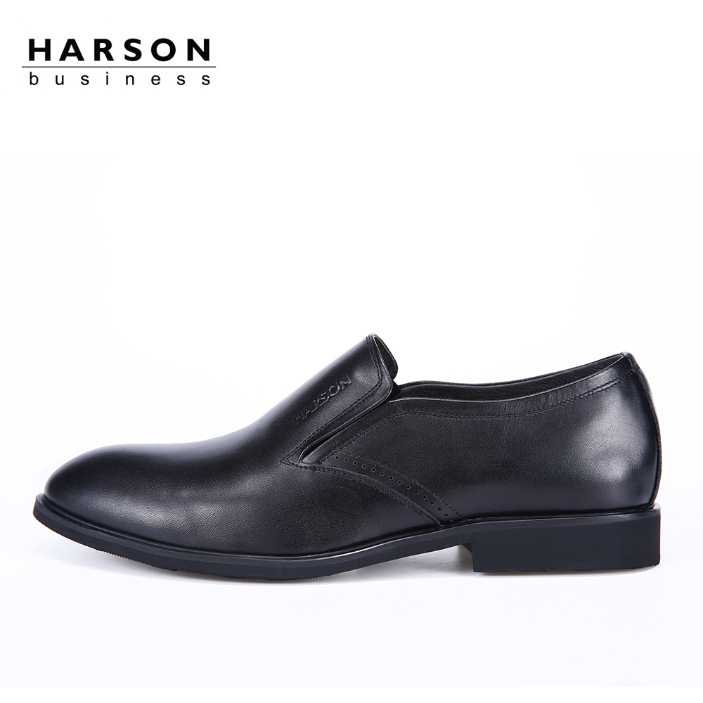 Harson/哈森2019春季牛皮革男鞋低跟套脚圆头时尚正装鞋MS86909