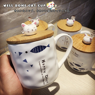 日式zakka创意猫咪和鱼群马克陶瓷杯子卡通带勺带盖早餐牛奶水杯