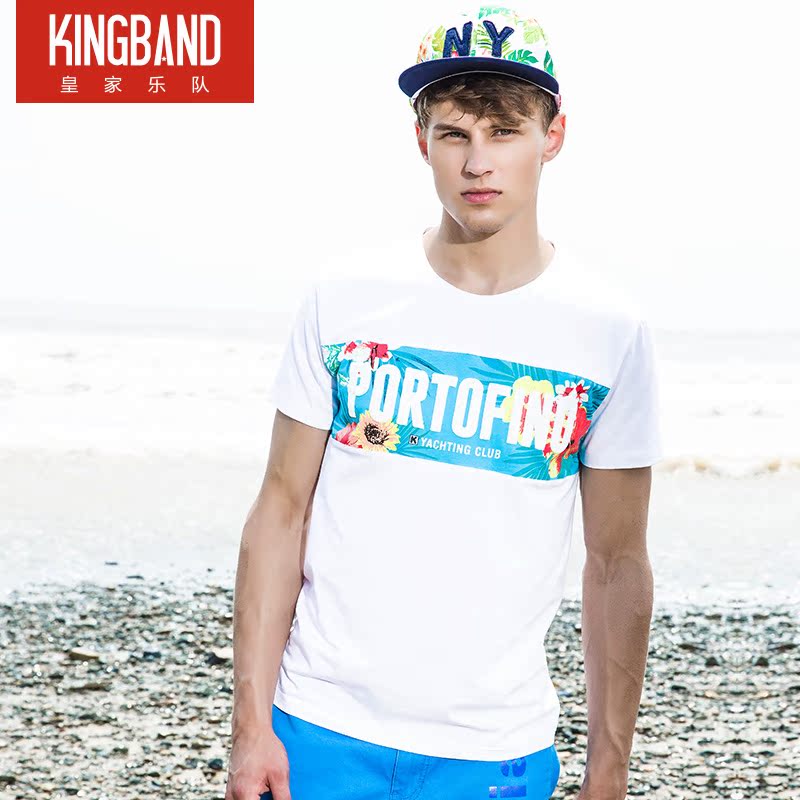 KING BAND夏季新款男士植物字母发泡印花圆领T恤短袖潮修身打底衫