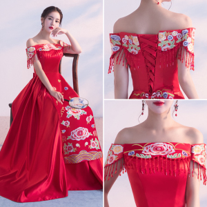 2017新款敬酒服新娘秀禾服中式礼服红色回门服结婚旗袍婚纱一字肩中式婚纱