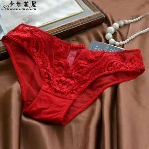 少女美屋新款欧美性感红色蕾丝网纱刺绣低腰三角裤女士半透明内裤