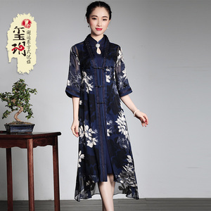 玺玥2017夏复古中式真丝唐装旗袍连衣裙两件套桑蚕丝女士外套风衣唐装