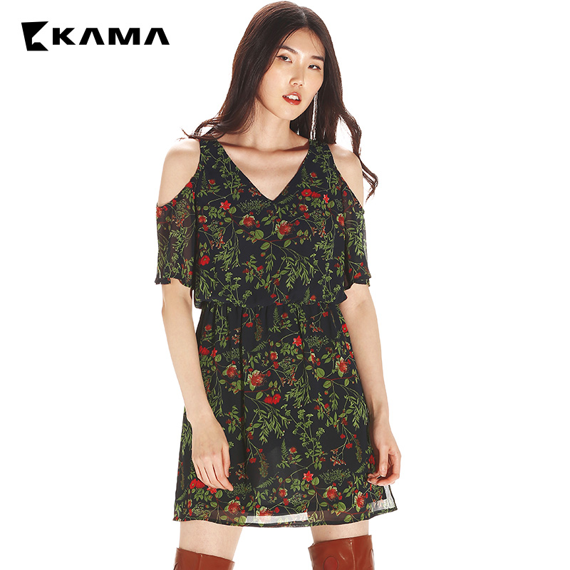 KAMA女装卡玛夏雪纺荷叶袖碎花高腰女神范气质短连衣裙子7217150