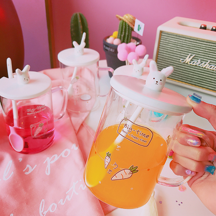韩国创意可爱兔子玻璃杯创意带盖勺办公室水杯女生简约杯便携杯子