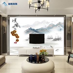 电视瓷砖背景墙现代新中式沙发装饰简约微晶石风水画顺风顺水