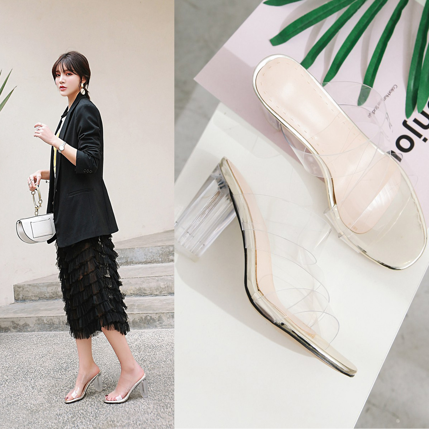邁研女鞋官方旗舰店奧卡索欧美粗跟夏季拖鞋高跟凉拖 黑色 白色