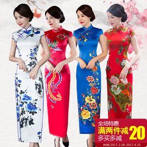 丝绸旗袍连衣裙2017新款春夏复古改良修身中长款显瘦性感女士宴会