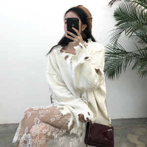 春装女装韩版宽松镂空破洞V领套头毛衣外套学生上衣潮+蕾丝打底裙毛衣
