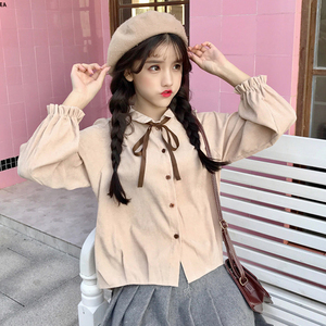春装女装韩版小清新灯芯绒蝴蝶结系带长袖衬衫上衣学生打底衫衬衣女式衬衫