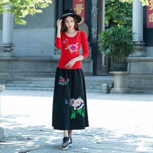 夏季新款中国风女装刺绣上衣 绣花民族风广场舞长袖t恤女打底衫棉