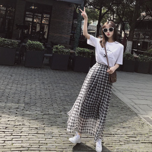 港味chic黑白格子高腰半身裙春女2018新款学生宽松包臀裙a字长裙半身裙