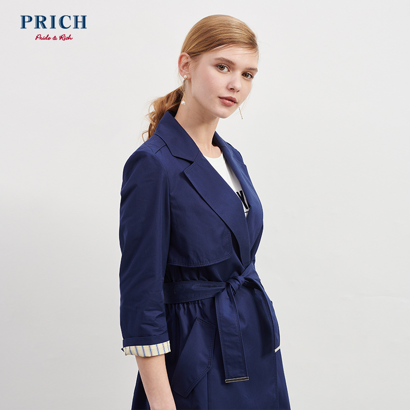 PRICH英伦风款女士时尚系带中长款纯色风衣外套PRJT82301C