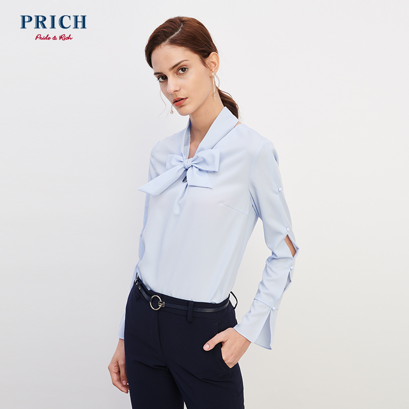PRICH女装时尚优雅纯色长袖系带领韩版衬衫 PRBA82352M