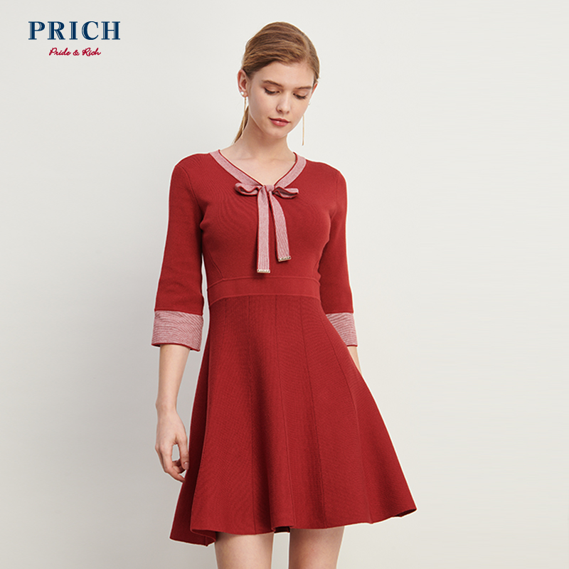 PRICH新款女士纯色优雅通勤风蝴蝶结系带连衣裙PROK87801M