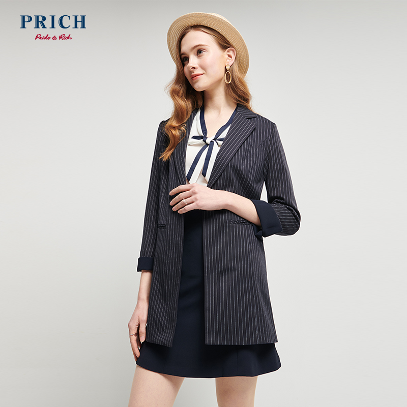 PRICH2019春夏新款韩版一粒扣复古显瘦长袖条纹西装女PRJK96101N