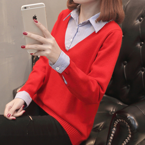 春装2018新款女士社会薄款毛衣女短款针织衫假两件衬衫领打底衫潮毛衣