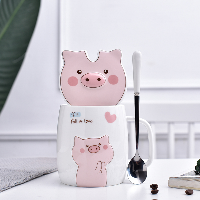 创意小猪马克杯粉色少女心卡通陶瓷杯子情侣水杯咖啡杯带盖勺水杯