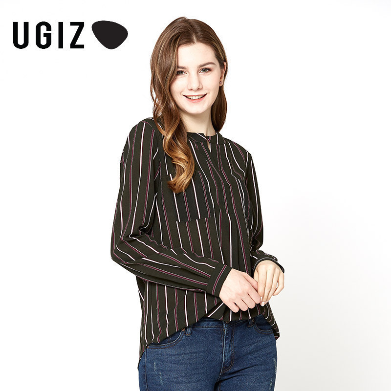 UGIZ春装新款韩版女装时尚简约条纹长袖V领衬衫上衣女UCSA188A