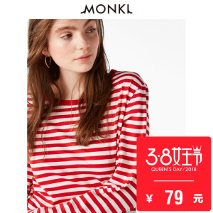 MONKI2018年春夏新款条纹显瘦宽松莫代尔圆领长袖T恤女 0554070