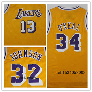 经典复古湖人球衣  号张伯伦32号约翰逊34号奥尼尔刺绣篮球服黄