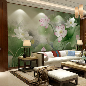 3d新中式立体沙发养生书房壁画电视背景墙壁纸8d工笔荷花花鸟墙纸