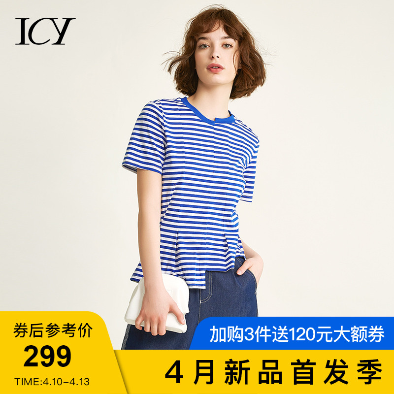 icy2019新款春装设计感错接改良海魂衫短袖T恤圆领女上衣夏宽松