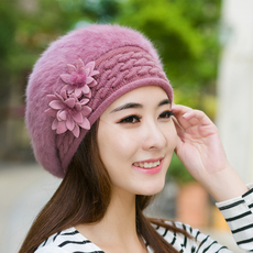 毛线帽子女秋冬季韩版兔毛潮帽纯色加厚贝雷帽保暖针织护耳帽花朵