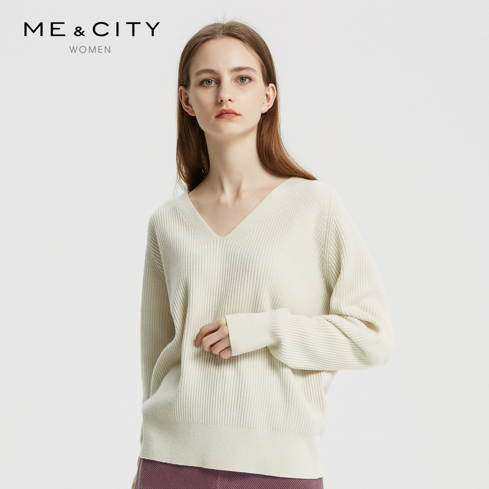 纯羊毛MECITY纯色慵懒风宽松针织v领毛衣女套头衫