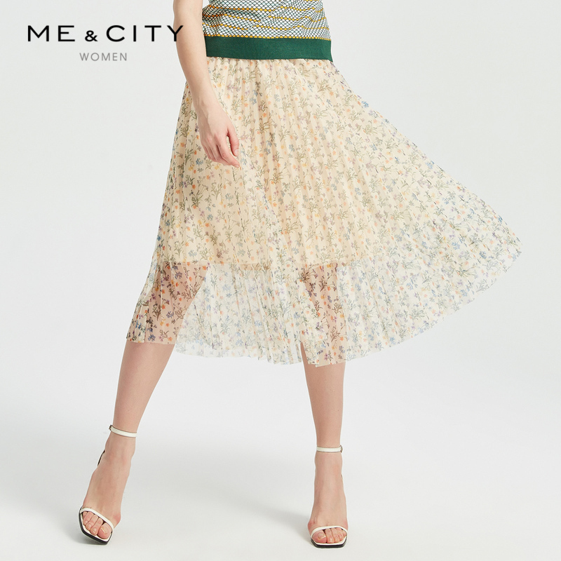 【明星同款】MECITY女装2019春季新款很仙的网纱印花百褶半身裙