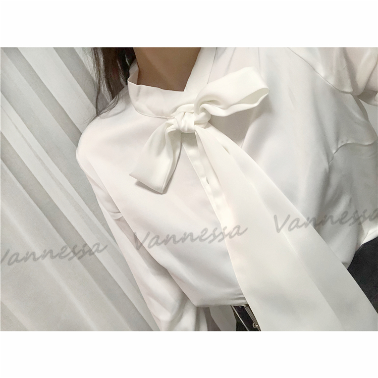 Vannessa 原创设计师 白色雪纺衫丝绸复古蝴蝶结长袖衬衫女上衣气
