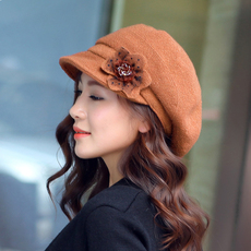 2017韩版新款时装帽子女秋冬季保暖毛呢贝雷帽时尚气质花朵淑女帽