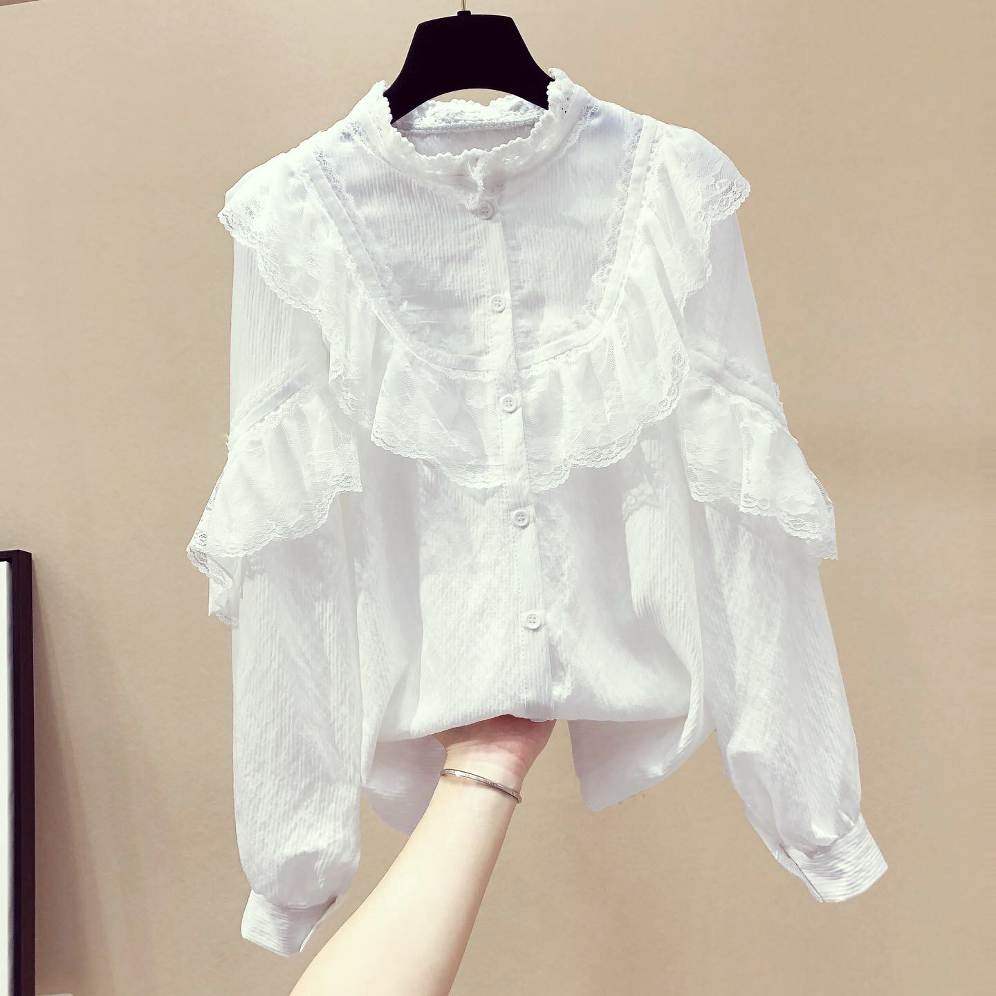 白色雪纺衬衫女春装2019新款韩版荷叶边衬衣设计感小众很仙的上衣