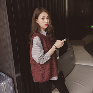 春季新款韩版宽松条纹衬衫两件套针织毛衣马甲外套女气质打底衫潮女士衬衫