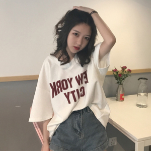 春夏女装韩版宽松V领简约字母印花百搭短袖T恤学生打底衫中袖上衣短袖女